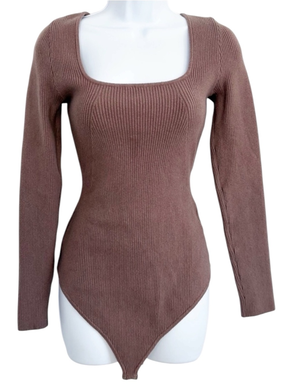 ABERCROMBIE & FITCH Ribbed Square Neck Bodysuit Mocha Brown Long Sleeve Large